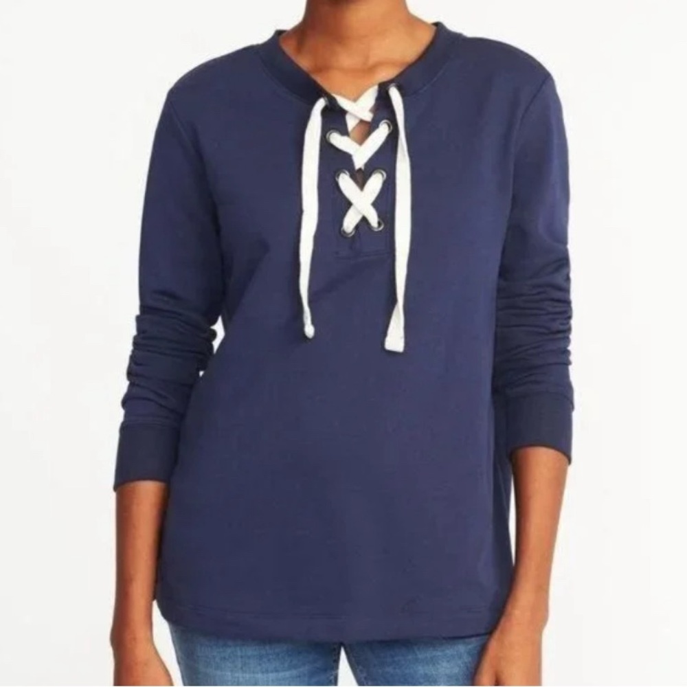 Old Navy lace up sweatshirt navy blue with off white tie cotton blend sz medium